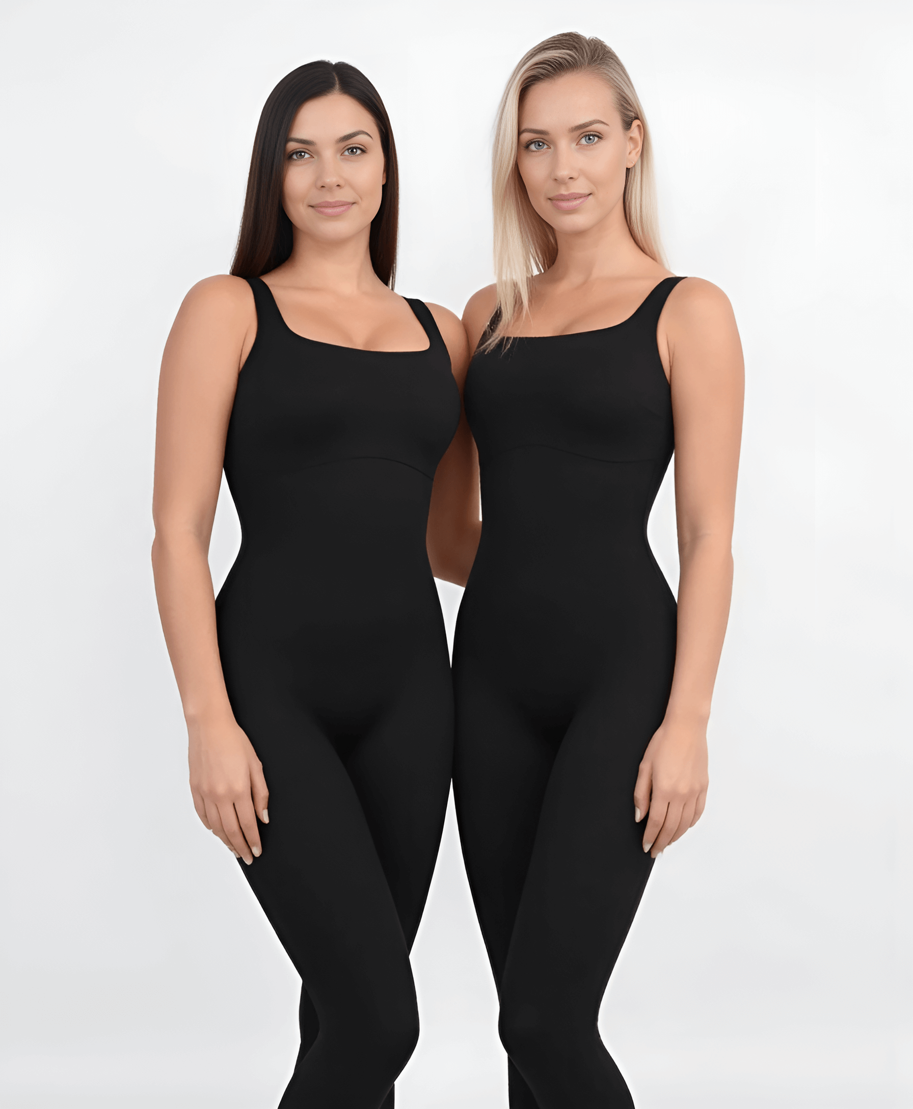 Deux femmes portant une combinaison noire Tothecurve Shapewear, montrant une forme élégante et aplatie.